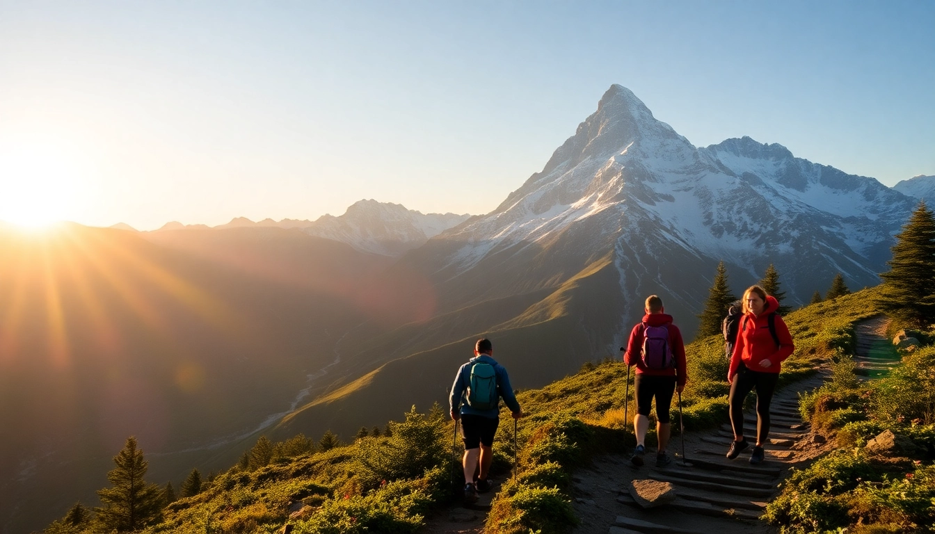 Guided trek through lush mountains with hikers exploring scenic trails, showcasing adventure and nature's beauty for active travelers.