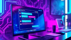 An illustration of a futuristic AI chat interface with neon colors and digital motifs, showcasing an active, spicy conversation on a modern screen.