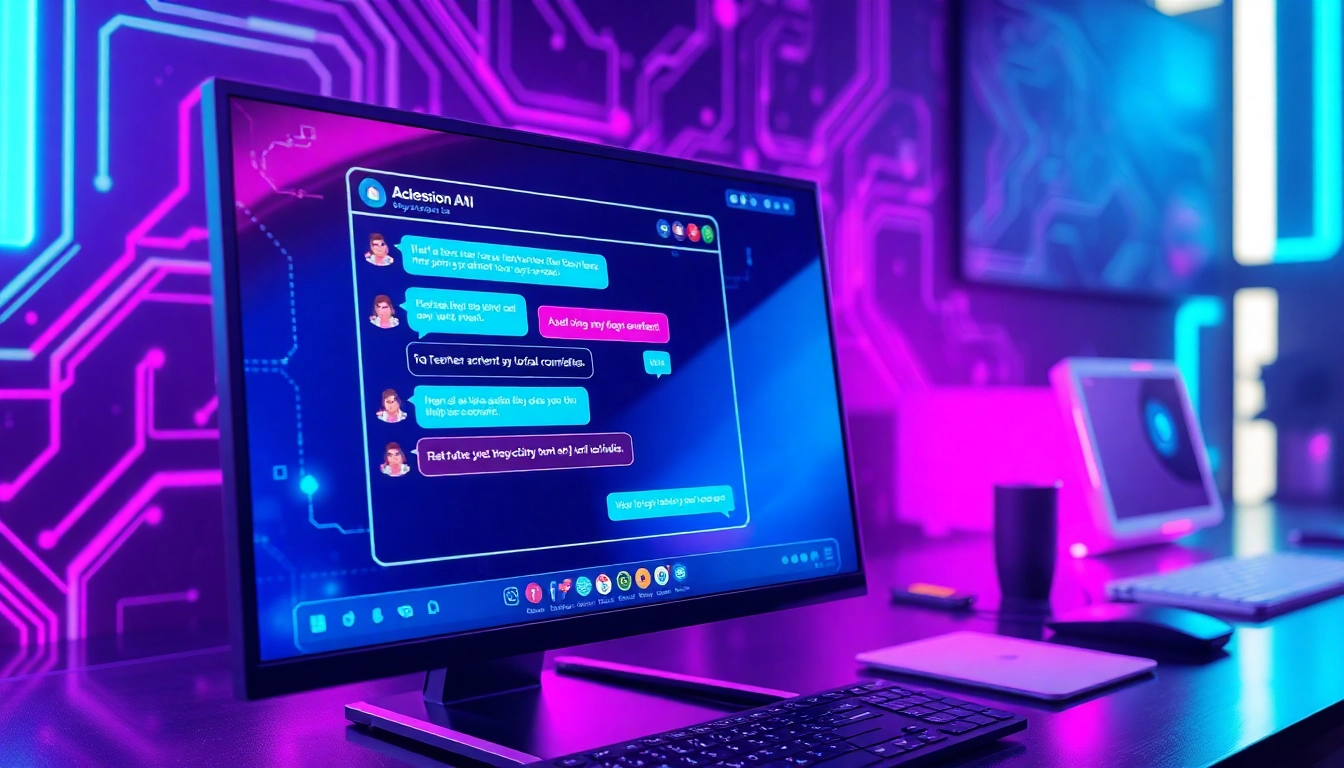 An illustration of a futuristic AI chat interface with neon colors and digital motifs, showcasing an active, spicy conversation on a modern screen.