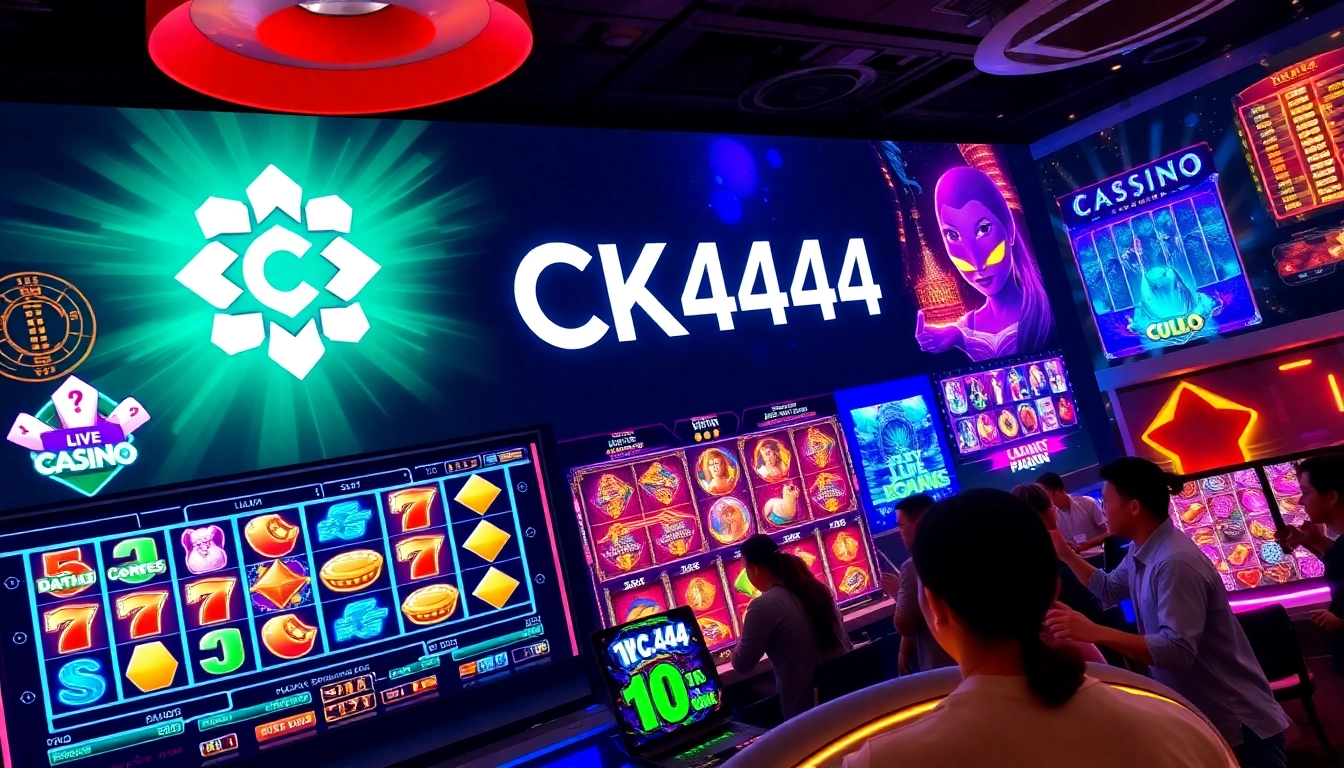 CK 444 logo displayed on a sleek gaming interface with colorful slots and live dealer background, emphasizing reliability and excitement for online players.