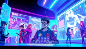 Futuristic social media interface with avatars and virtual characters from various fandoms in a neon-lit digital landscape.