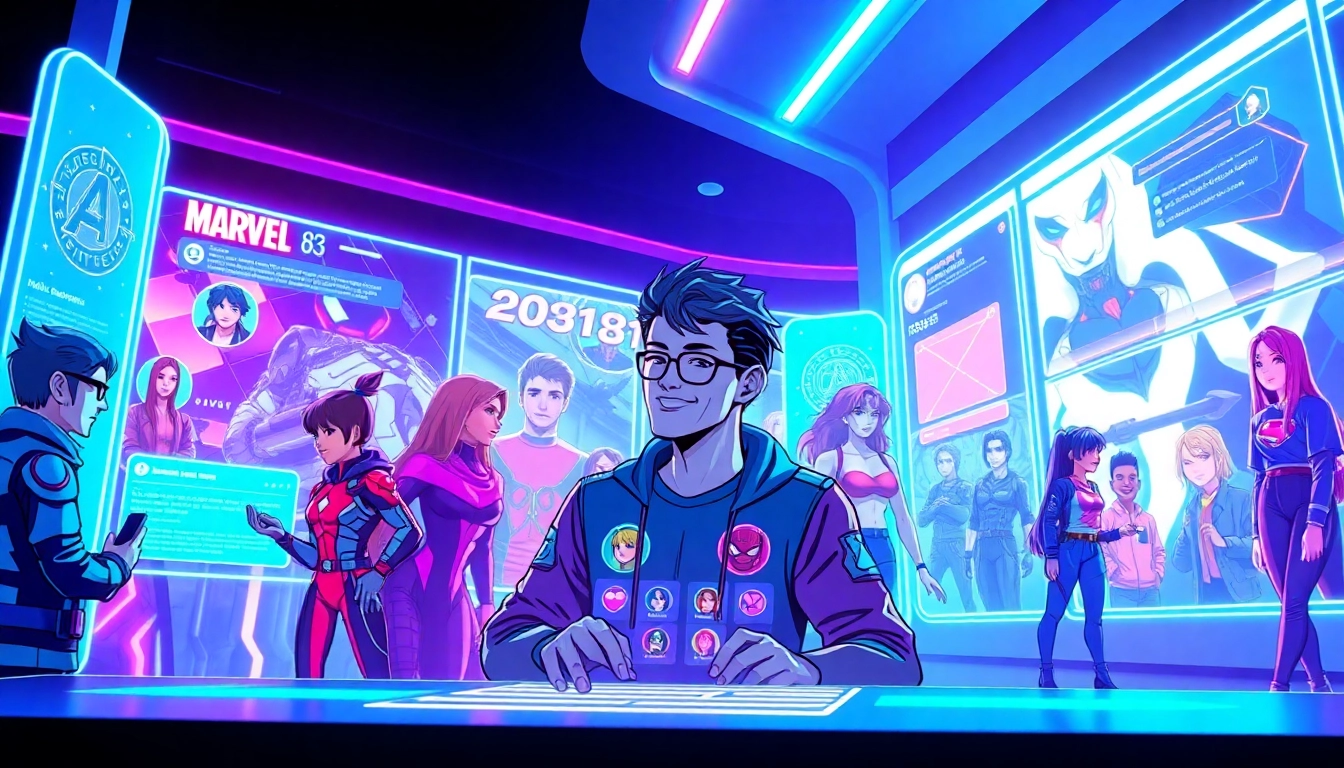 Futuristic social media interface with avatars and virtual characters from various fandoms in a neon-lit digital landscape.