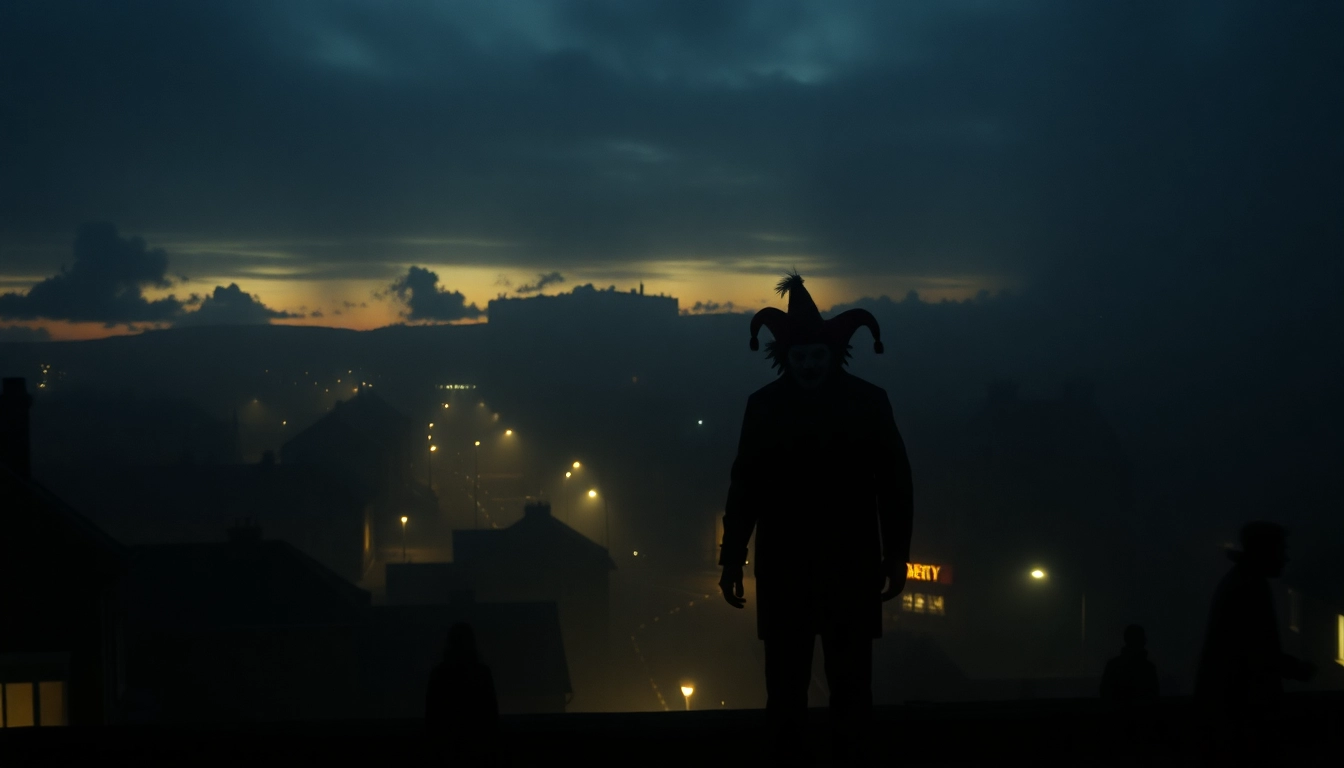 Welcome to Derry series: atmospheric cityscape of 1962 Derry with eerie vibe and sinister clown silhouette.