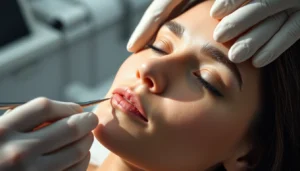 Professional Fadenlifting Zürich session demonstrating minimally invasive facial skin tightening with fine threads and soothing clinic environment.