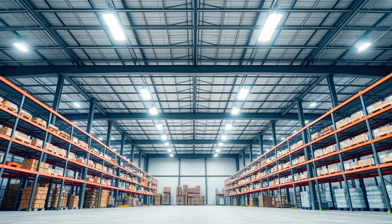 Moderne Industriehalle mit LED-Beleuchtung und hoher Decke