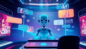 Futuristic digital scene of an AI chat environment with holographic interfaces and a virtual AI avatar.
