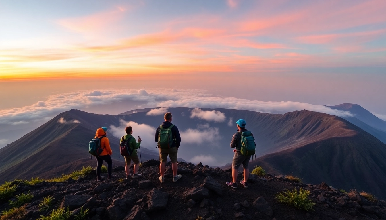 Hikers at sunrise on Mount Rinjani's summit with scenic volcanic landscape in the background.