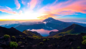 Panoramic view of Mount Rinjani at sunrise with crater lake and lush surroundings.