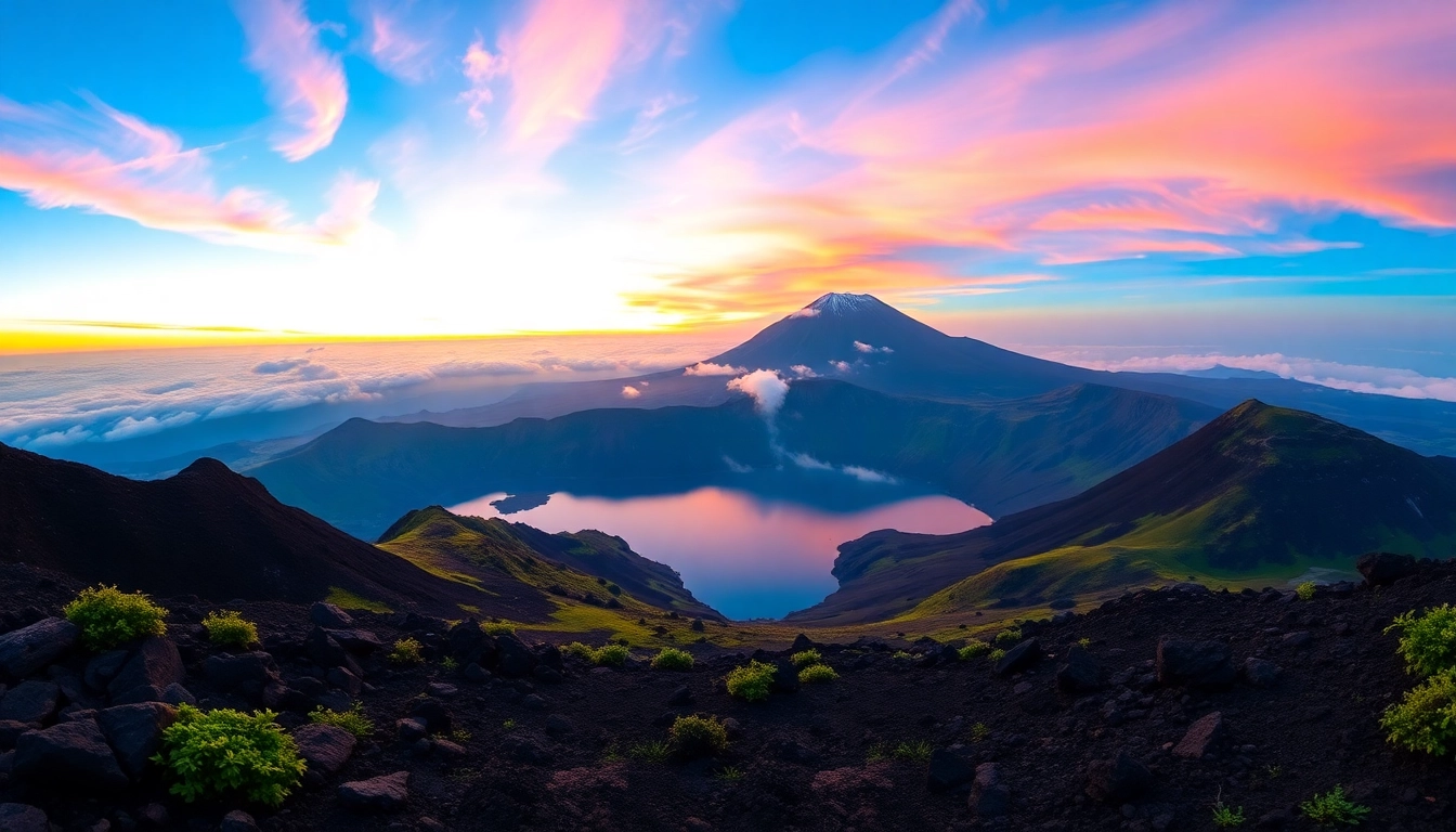 Panoramic view of Mount Rinjani at sunrise with crater lake and lush surroundings.