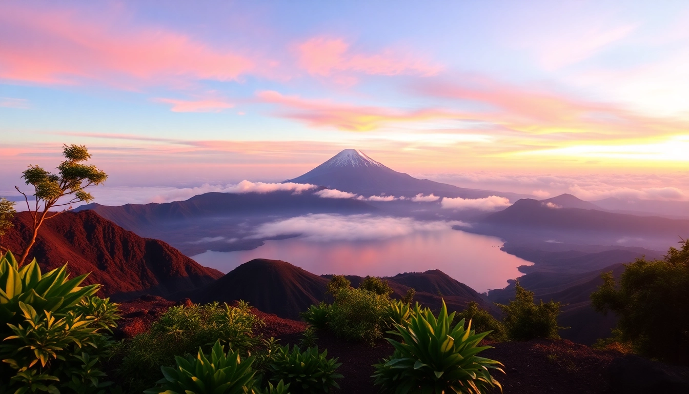 Mount Rinjani at sunrise with lush green foliage and a volcanic crater lake