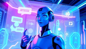Futuristic AI interface with expressive character visuals and glowing holograms in a modern tech environment.