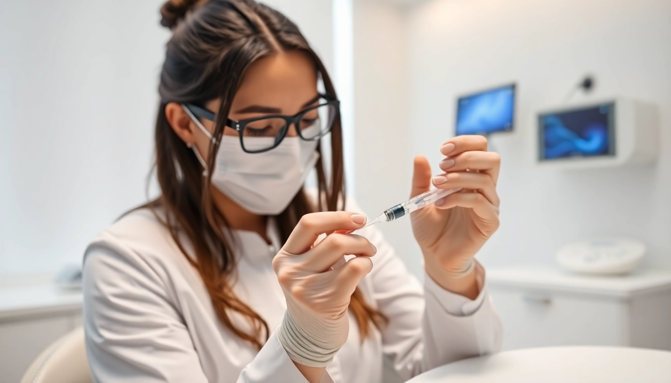Fettwegspritze Zürich: Experienced aesthetic specialist preparing for a targeted fat reduction procedure in a clean clinic environment.