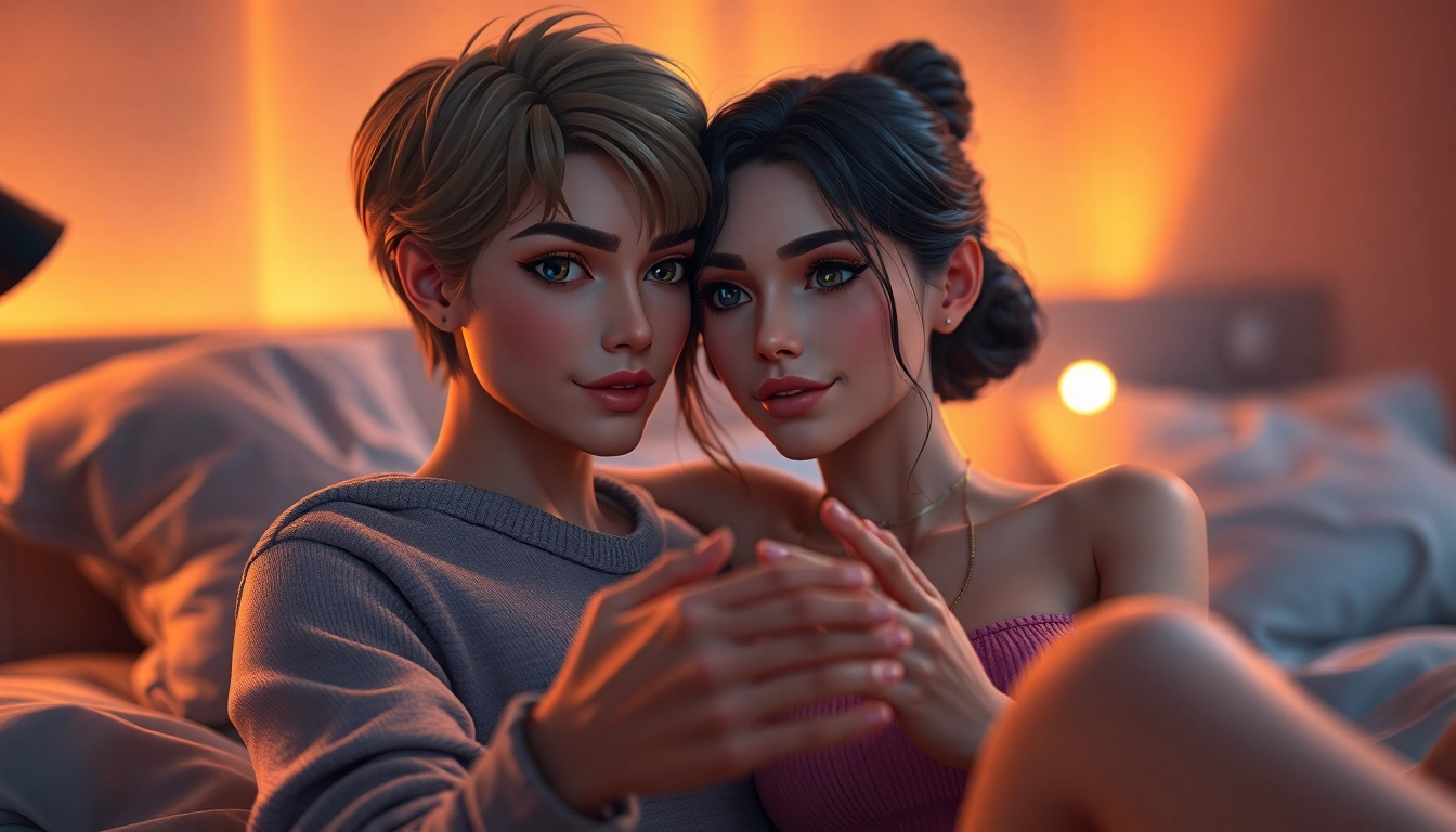Realistic digital illustration of an intimate scene with a lifelike AI character in a cozy, softly lit room.