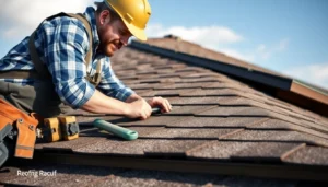 Experienced roof repairs technician inspecting a residential roof with tools, highlighting quality and durability for roof repairs.