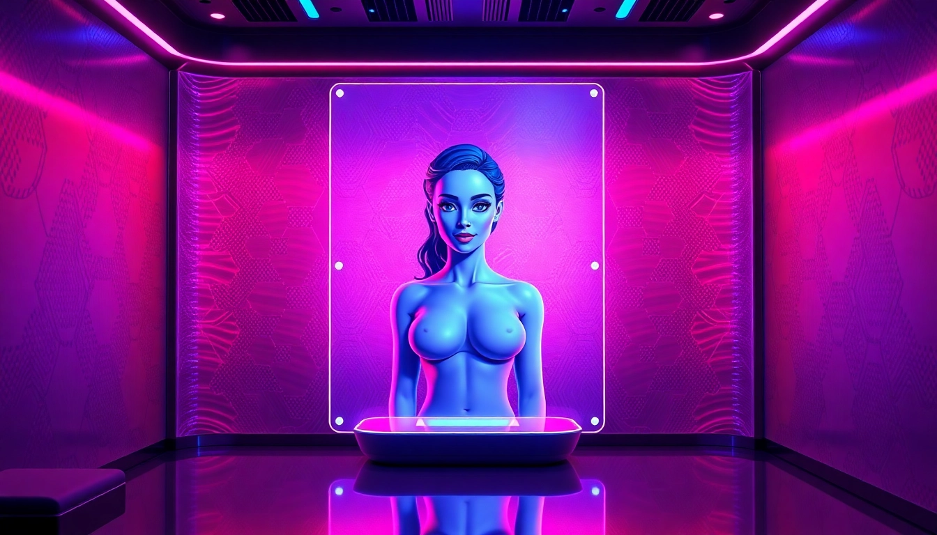 Futuristic AI adult interaction scene with holographic avatar in a neon-lit room.