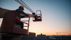 Efficient boom lift rental for construction projects showcasing a worker on a bright, reliable machine in outdoor setting.