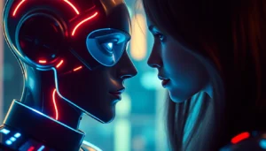 Ai sex: Digital avatar engaging in intimate AI conversation with subtle glowing interface, modern vibe.