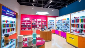 Bright and engaging 판촉물 showcase with personalized pens, mugs, and tech gadgets, emphasizing customization for marketing campaigns.