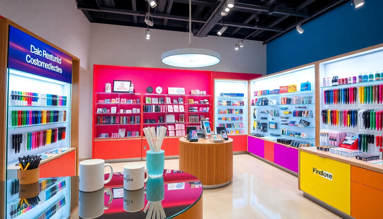 Bright and engaging 판촉물 showcase with personalized pens, mugs, and tech gadgets, emphasizing customization for marketing campaigns.