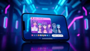 An advanced AI chat interface on a device screen showcasing animated and realistic AI avatars in a dark, neon-lit environment, emphasizing futuristic technology and customization.