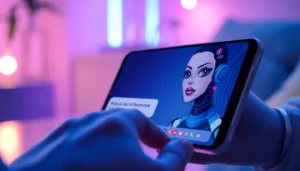 Close-up of a user interacting with a futuristic AI chatbot on a sleek device, featuring a confident female AI avatar with digital accents in a glowing, high-tech setting.