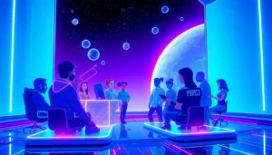 Futuristic digital space scene with virtual characters engaging in conversation amidst cosmic background