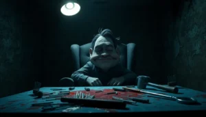 A distressed character resembling Harvey in a dark, disturbing room with tools and shadows, showing emotional suffering and moral conflict.