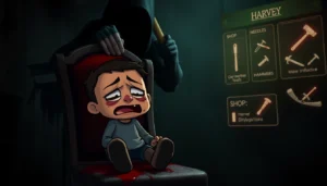 A disturbing scene of Harvey suffering in a dark room with a threatening weapon and a sinister shop menu overhead.