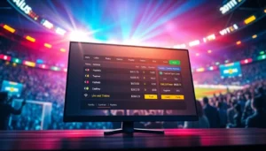 Illustration of an online sports betting site interface with a stadium background and vibrant colors representing excitement and betting action.