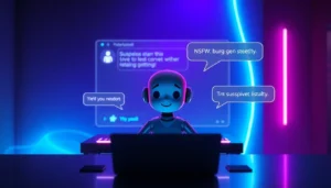 Futuristic chat interface with AI character in a cyberpunk-inspired setting