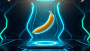 Futuristic AI interface with holographic banana representing advanced image editing technology