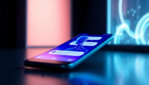 Futuristic AI chatbot interface on a smartphone with glowing digital elements and a sleek design.