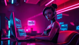 A futuristic digital scene with an attractive AI character in a neon-lit environment, evoking intimacy and seduction.