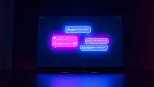 Futuristic chatbot interface with neon colors and engaging digital chat bubbles.