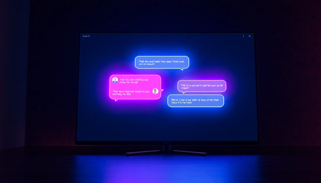 Futuristic chatbot interface with neon colors and engaging digital chat bubbles.