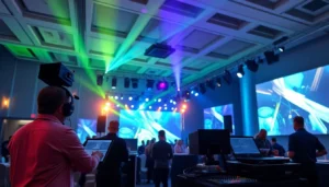 Enthusiastic technicians setting up Veranstaltungstechnik für Konferenzen Köln in a professional conference setting, ensuring flawless AV integration.