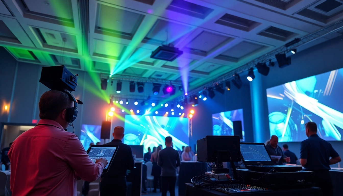 Enthusiastic technicians setting up Veranstaltungstechnik für Konferenzen Köln in a professional conference setting, ensuring flawless AV integration.