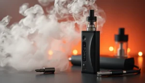 E-cigi device with colorful vapor cloud demonstrating modern vaping technology