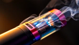 E-cigarette device emitting vapor, highlighting sleek design and vibrant vapor swirl for appeal