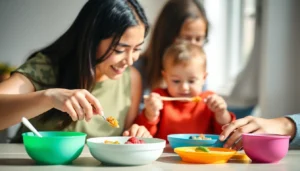 Baby weaning foods presented on silicone plates with wholesome fruits and vegetables,