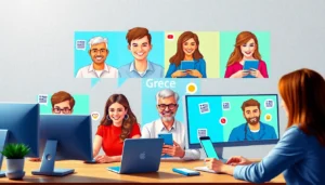 An engaging Greek chat platform interface showcasing real-time conversations and user icons for