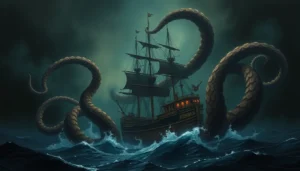 The legendary Kraken attacking a ship in deep ocean with massive tentacles and glowing eyes