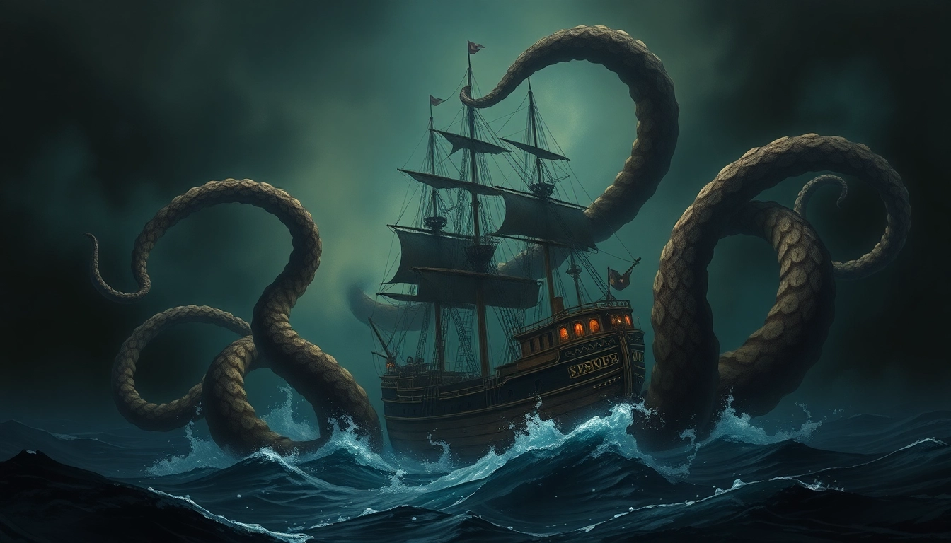 The legendary Kraken attacking a ship in deep ocean with massive tentacles and glowing eyes