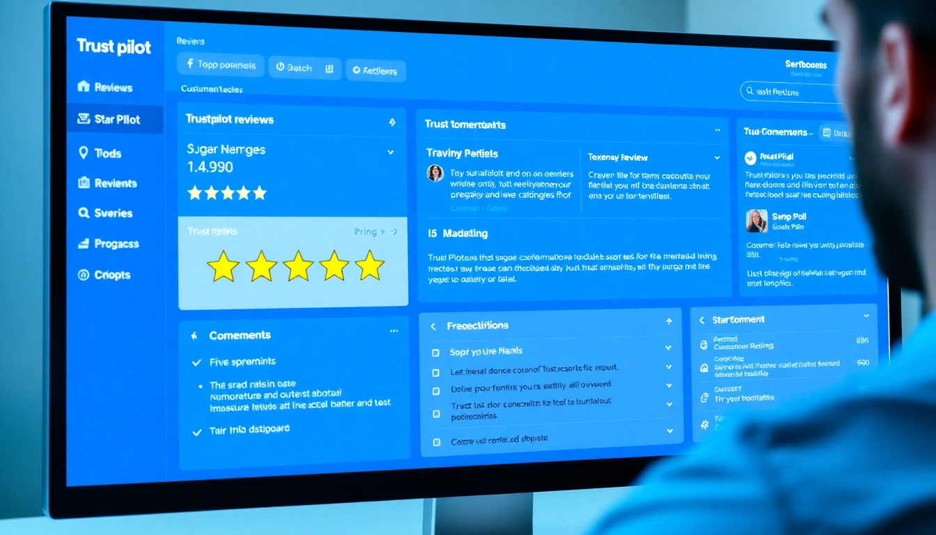 Trust Pilot reviews displayed on a professional dashboard, showing star ratings and customer