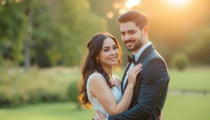 Beautiful couple experiencing profesional eskuvo fotozas outdoors with natural smiles and
